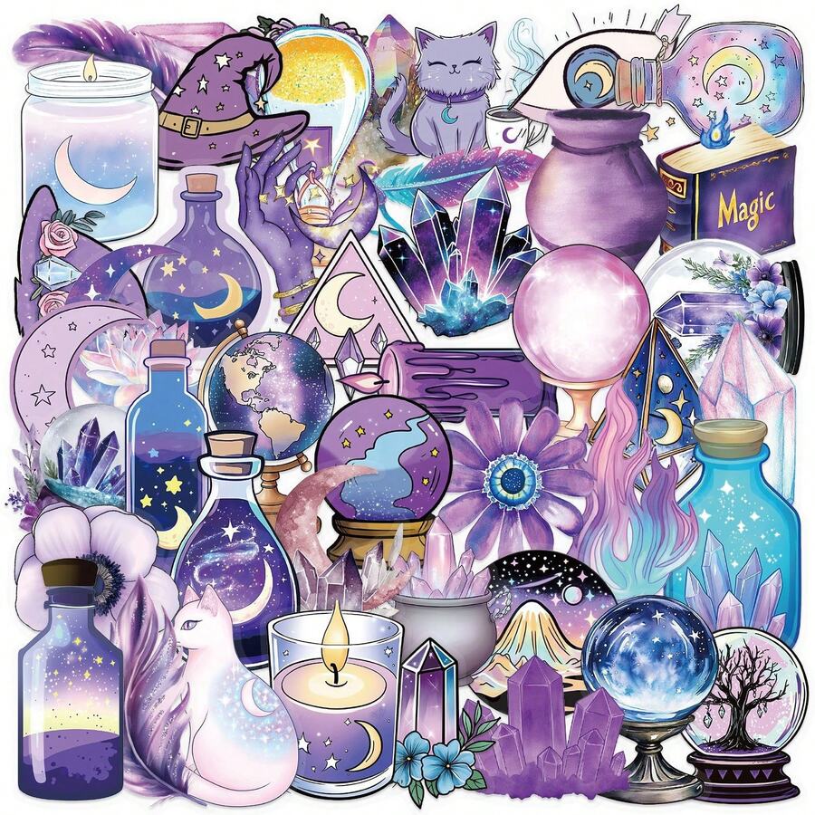 50pcs Witch Theme Transparent Stickers, Cute Cartoon Magic Stickers, Purple PET Waterproof Stickers Suitable For Envelopes, Water Bottles, Computers, Laptops, Phones, Luggage, Notebooks, Refrigerators, Etc.