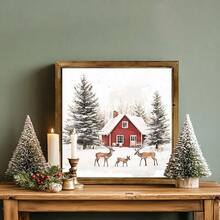 1 pieza Cuadro de madera con diseño de reno de 20x20cm - Letrero rústico de granja navideña, decoración nórdica hecha a mano para sala de estar y dormitorio, regalo de estilo cabaña acogedora para ella, decoración del hogar, decoraciones navideñas, decoración de habitación de invierno