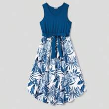 PatPat Family Matching Plant Print Splice Belted Tank Dresses And Color Block Short-Sleeve T-Shirts Sets - 藍色 - 查看 2