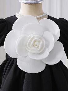 女婴黑色长袖连衣裙，新生儿正式服装，女婴服装，优雅花卉装饰，适合新生儿活动、聚会和日常穿着 - 黑色 - 查看 5