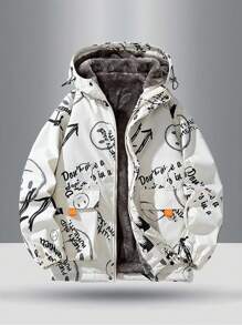Men's Long Sleeve Fashion Letter Graffiti Foil Print Casual Hooded Jacket With Big Pockets And Zipper, Warm Thermal Lined, Versatile For Winter - White - View 1