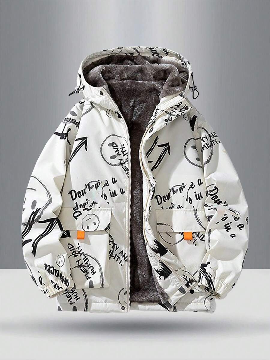 Men's Long Sleeve Fashion Letter Graffiti Foil Print Casual Hooded Jacket With Big Pockets And Zipper, Warm Thermal Lined, Versatile For Winter - White - View 1
