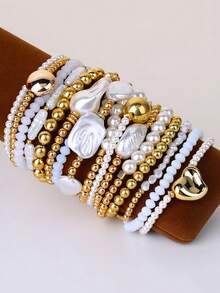 15Pcs Boho Fashionable Stackable Imitation Pearl Irregular Beaded Bracelet Set For Women On Vacation & Daily Wear ﻿ - White Gold - View 5