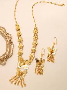 3 件时尚优质项链耳环套装铜镀金玫瑰花朵图案硬币链首饰套装适合女性婚礼首饰节日礼物