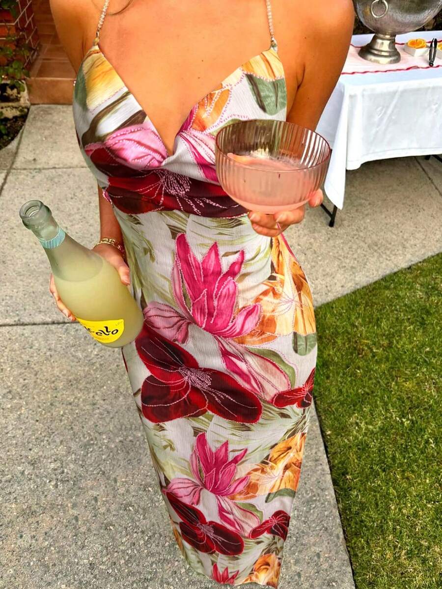 Doriss 精致印花露背吊带高腰开衩连衣裙，夏季连衣裙，女士沙滩装，女士度假装，女士婚礼宾客礼服，婚礼派对礼服，印花连衣裙，情人节 - 彩色 - 查看 1