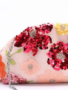1pc Colorful PVC Sequin Flower Pattern Pink Linen Base Mesh Embroidery Ruffle Cloud Clutch Bag, Shiny Elegant Evening Bag For Casual, Holiday, Party Use (Flower Sequin Pattern Randomly Sent) - Pink - View 8