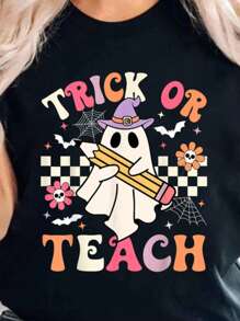 100% Cotton Teacher Halloween Shirt, Halloween Teacher Shirt, Trick Or Teach Shirt, Spooky Teacher T-Shirt, Retro Ghost Teacher Shirt,Fall Teacher Shirt - 黑色 - 查看 1