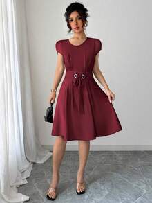 Vestido Largo De Talla Grande Con Tirantes De Color Liso Y Botones, Limpio Y Elegante. - Rojo - Ver 1