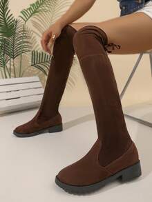 Breezelady New Chunky Heel Pointed ToeVersatile Over The Knee Boots, BrownThigh High Boots, Flat Platform BootsFor Women ,Match With SweaterDress - màu nâu - Xem 4