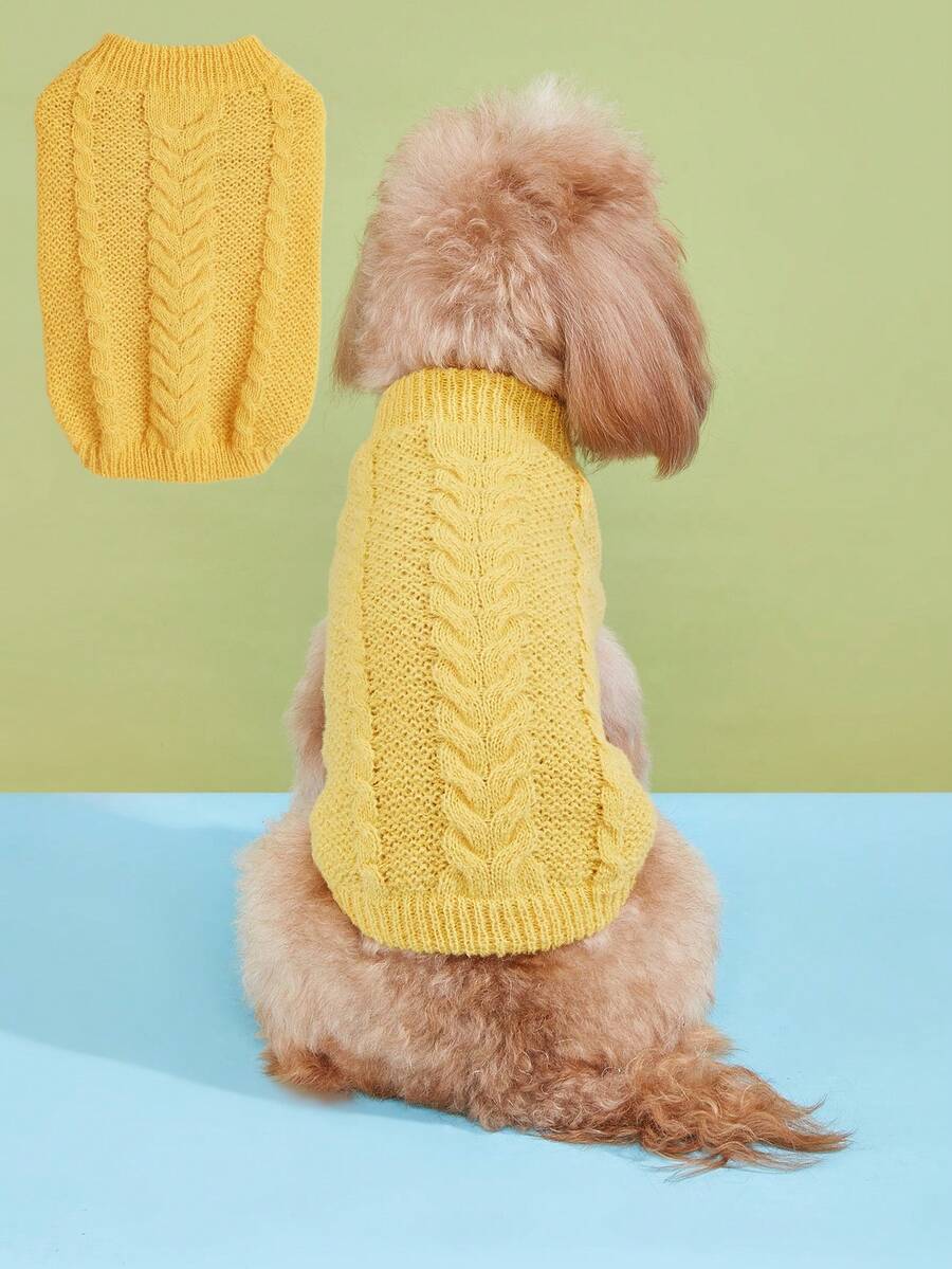 1pc Warm Classic Striped Cable Knit Solid Color Candy Color Small Dog Sweater, High Elasticity Poodle Pullover, Multi-Color