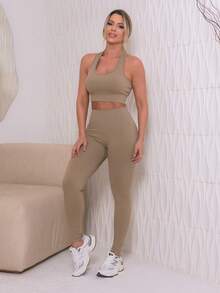 Fitness Gym Set - Leggings And High-Waisted Top - Assorted Prints - Fitness Fashion - Yoga - Màu xanh Ô liu - Xem 2