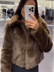 Women's Fashionable Metal Trim Fuzzy Tassel Glitter Long Sleeve Crew Neck Jacket