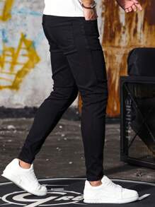 1pc Men's Black Skinny Slim Fit Jeans, Street Style Comfortable Casual Workwear Distressed Denim Pants, Suitable Gift For Husband/Boyfriend - 黑色 - 查看 4