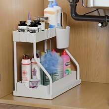 2-Tier Sliding Drawer Plastic Material Sink Organizer Rack, Multifunctional Kitchen & Bathroom Storage Solution, Black Sink Organizer And Cabinet