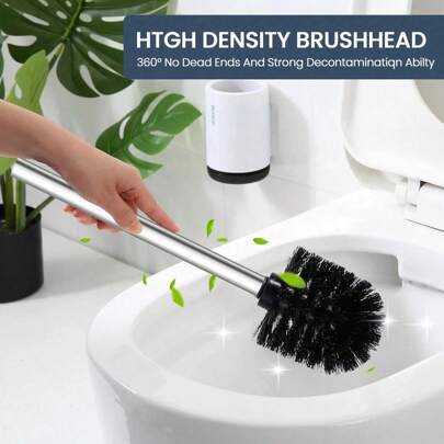 Set de cepillos para inodoro, mango de acero inoxidable, cepillo de limpieza de inodoro con cerdas rígidas duraderas, blanco/negro