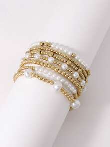 7 件时尚 CCB 金色串珠仿珍珠多层弹性手链套装，可叠戴女士手链，适合日常、度假、派对佩戴 - 彩色 - 查看 4