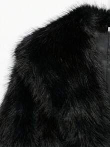 Camellia Autumn/Winter New Faux Fur Effect Mid-Length Thick Warm Coat With Belt - Black 1 - View 6
