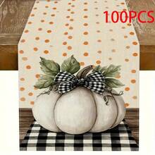 1pc Autumn Gratitude Sister Theme Table Runner - Pumpkin With Green Leaves And Black Grid Design, Suitable For Holiday Parties, Kitchen Dining, Home Decoration, Durable Polyester Material Holiday Table Decoration, Holiday Table Decoration, Autumn Harvest Theme Decoration, Bow Decoration, Autumn And Thanksgiving Decoration.