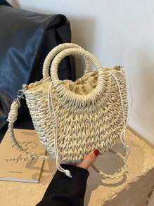 1 pieza Bolso bandolera semicircular tejido con cordón para mujeres, bolso de tote de moda para vacaciones adecuado para viajes y compras diarias, bolso de playa llamativo para el verano, bolso de playa de paja de verano para mujeres