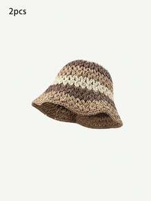 1pc Women Color Block Striped Straw Bucket Hat For Beach ,Color Random ,Suitable For Daily Wear And Summer Outings And Vacation For Sun Protection Boho - Rainbow - View 26