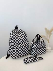 3件套返校背包套装，个性化时尚大容量背包+手提包+铅笔盒，多功能背包带笔记本电脑隔层，格子图案耐用尼龙书包，可调节肩带，防水，宽敞多口袋，轻便易携，拉链设计，适合女性、青少年和男性，也适合户外旅行、中学、高中和大学使用。 - 黑色 - 查看 4