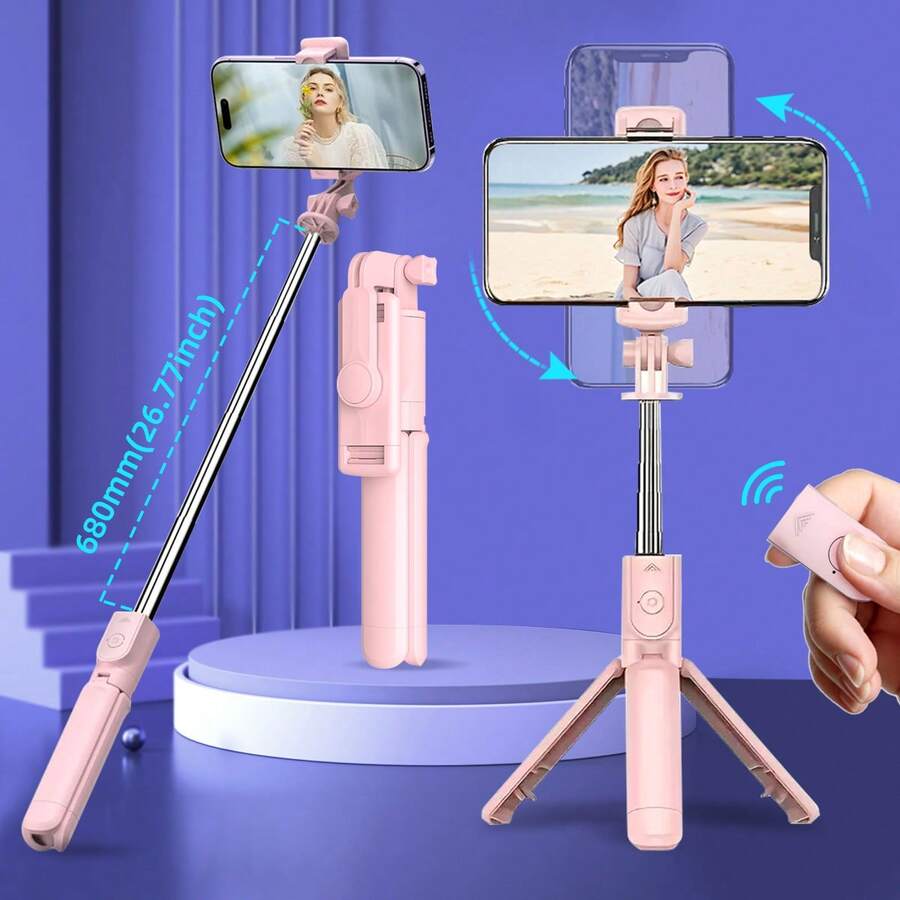 TOKQI 3-In-1 Wireless Selfie Stick Tripod - Portable Phone Holder With Remote, Extendable For Travel Vlog, Live Streaming, Photography - Universal All Smartphones (IOS/Android) - Pink - View 1
