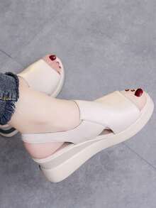 Sandalias de cuña de suela gruesa para mujer, color liso, sencillas y elegantes. - Blanco - Ver 2