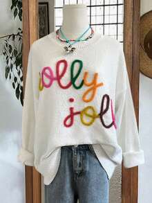 Gemütlicher "Holly Jolly" bestickter oversize Pullover, Damen Lässig elegante Mode bequemer warmer Weihnachts-Loose Langarm Rundhals Pullover Strickpullover