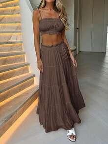 Look Polly Women's 2-Piece Set, Solid Color Strapless Camisole Top And Long Skirt, Women's Back To School Outfit, Autumn Casual Wear, Suitable For Church, Vacation, Concerts, Bohemian Style Vacation Set, Brown Top Paired With Brown Skirt, Elegant Women's Beach Outfit - Brown - View 11