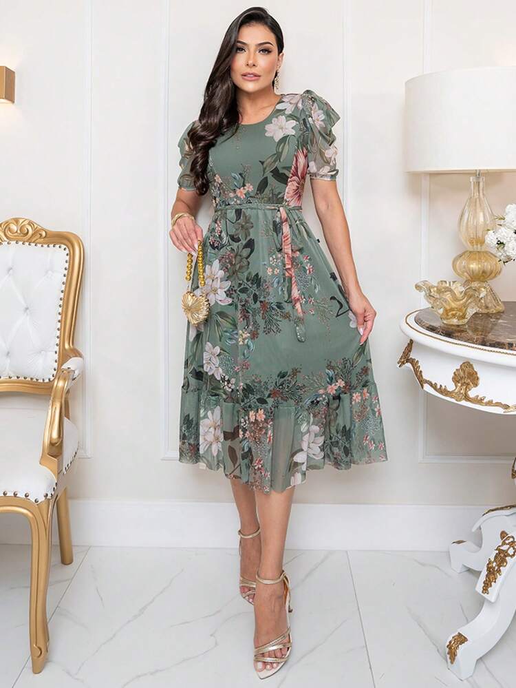 Vestido Feminino Midi de Tule Estampado Evangélico Plus Size - Verde Militar - Visão 1