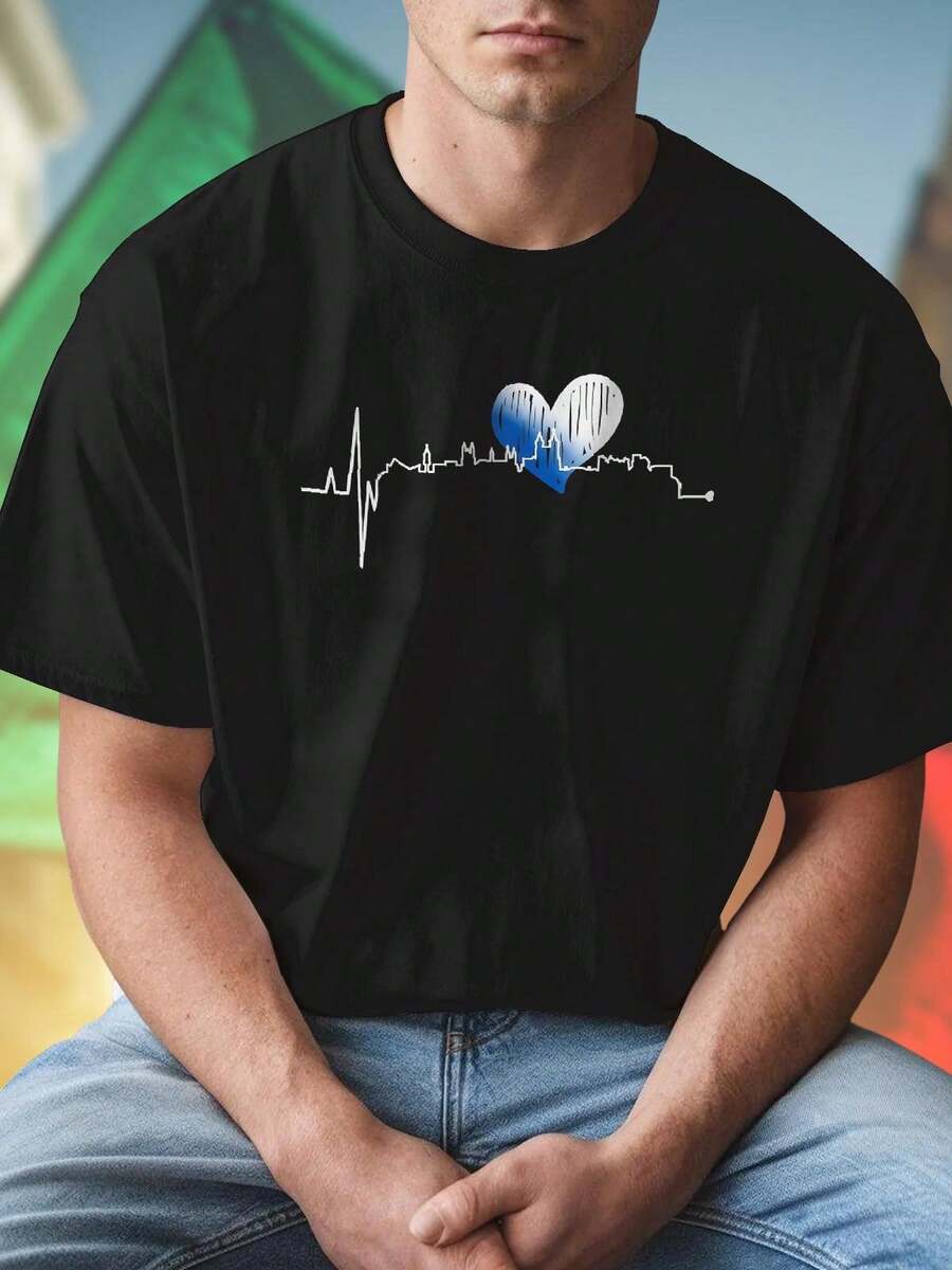 T shirt uomo Heartbeat City Skyline Blue Heart cotone moda estiva urbana comoda  vestibilità moderna novità regalo ideale  esclusiva qualità casual