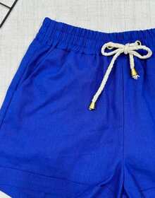 Women's Short Linen Shorts With Elastic Waistband - Navy Blue - View 2