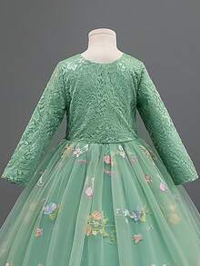 Girls Flower Vintage Floral Lace 3/4 Sleeves Floor Length Dress Easter Day Wedding Party Evening Formal Pegeant Dance Gown - 綠色 - 查看 7