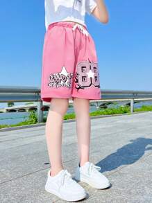 Hip Hop Street Style Pink Shorts Letter And Star Print Fashionable Cool Shorts Unisex Loose Fit Hip Hop Shorts Fashion Summer Streetwear,  Workout Clothes Women, Summer Casual Activewear,  For Back To School