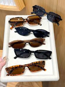 6pcs Plastic Multi-Color Leopard Print & Geometric Full Frame Decorative Elegant Fashion Glasses, Timeless, Suitable For Festivals, Clubs, Music Festivals, Street Photography, Vacation, Shopping, Outings, And An Ideal Fashion Accessory. - 6pcs 黑灰豆花茶深茶組合 - 查看 3