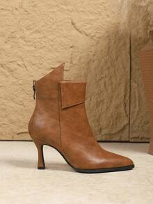 Stivaletti alla caviglia da donna con punta affusolata e tacco a spillo, in morbida pelle, con cerniera sul retro, di colore unito, adatti per l'autunno/inverno, stivali da donna, tacco a rocchetto - Castano - Visualizzare 5