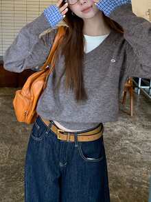 女士秋冬梭织格子拼接V领套头衫