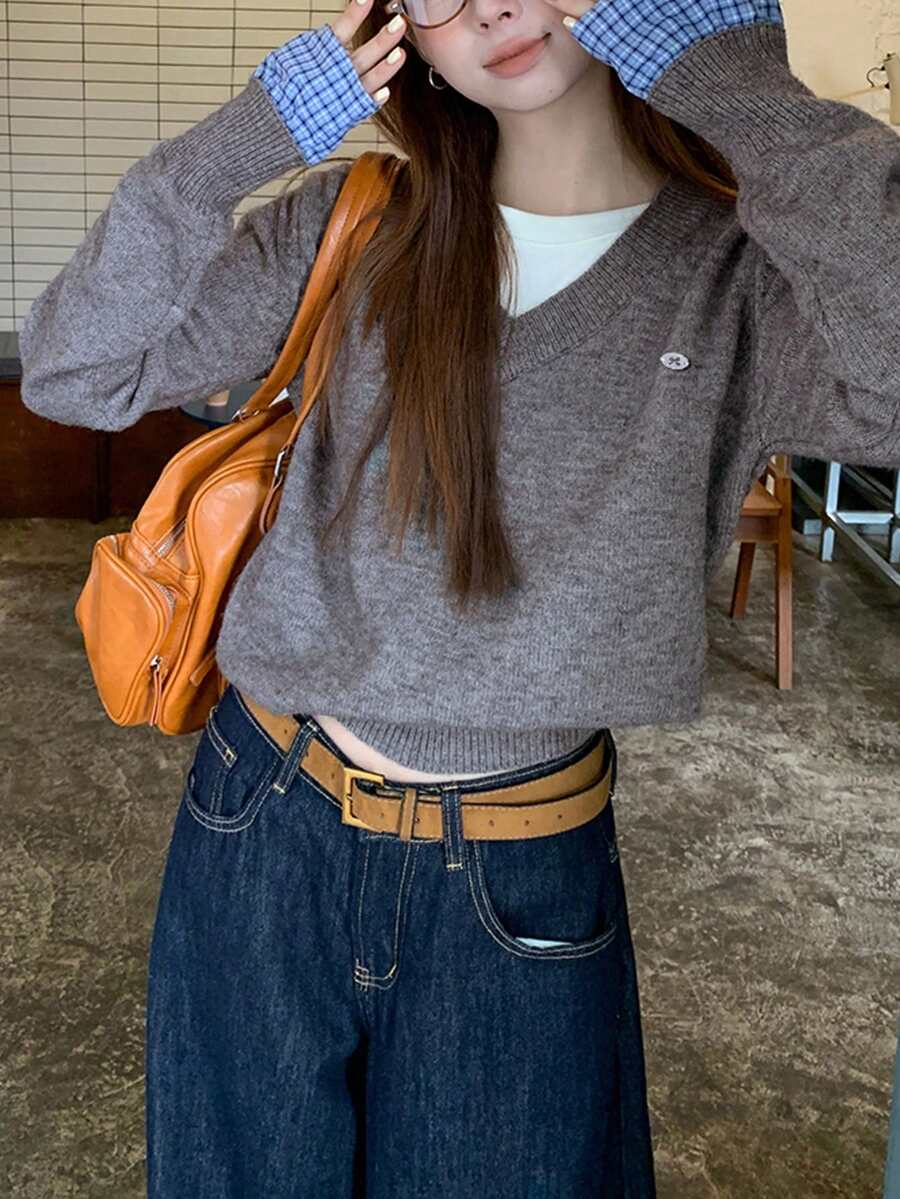 女士秋冬梭织格子拼接V领套头衫