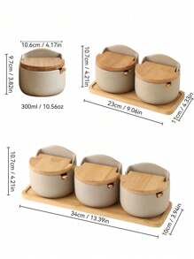 1 Stück/3 Stücke/4 Stücke grobes Keramik Gewürzglas Set mit Holztablett, beinhaltet Salz, Zucker, Hühnerbrühe, getrocknete Chilispeicher Behälter mit Löffeln, geeignet für Küche, Esszimmer, Outdoor Grill, wiederverwendbar