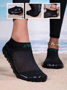ZVB情侣水鞋，适合赤脚爱好者，软底女士沙滩鞋，可用于游泳、潜水，户外速干夏季凉鞋，钓鱼水鞋，防滑透气涉水鞋，沙滩面料，防沙，四季皆宜 - 黑色 - 查看 2