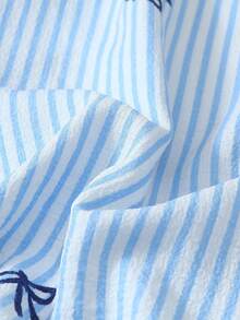 مجموعة بيجامة مكونة من 2 قطعة، طباعة الفيونكة المخططة، ملابس علوية كم طويل ياقة وبنطلون فيونكة، ملابس نوم وملابس منزلية للنساء، موسم الخريف/الشتاء، ملابس باللون الأزرق الفاتح الرائع - الأزرق - مشاهدة 8