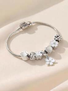 1 件优雅粉色五瓣花吊坠铜手链，配闪亮树脂珠 - 女士手工珠宝，精致镂空设计，可调节链长，完美礼物 - 粉色 - 查看 5