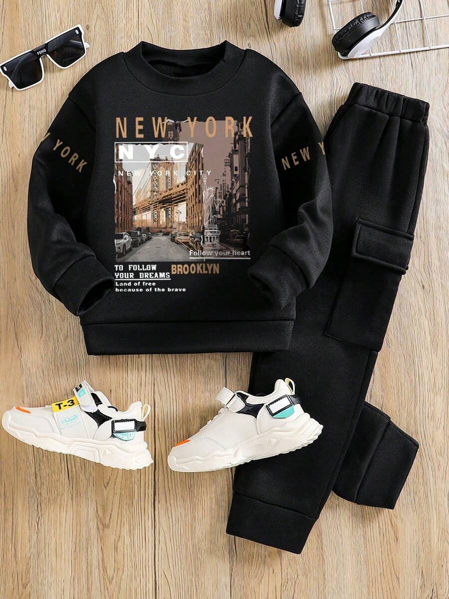 Tween Boy Slogan & Landscape Print Crew Neck Sweatshirt And Sweatpants Casual Outfit - Black - View 1