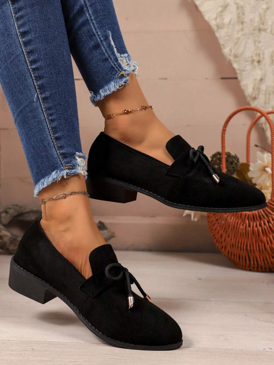 女士新款仿麂皮面料乐福鞋，系带蝴蝶结装饰尖头粗跟玛丽珍鞋，英伦风格皮革平底鞋，舒适粗跟工作鞋，纯色优雅百搭浅口鞋 - 黑色 - 查看 1