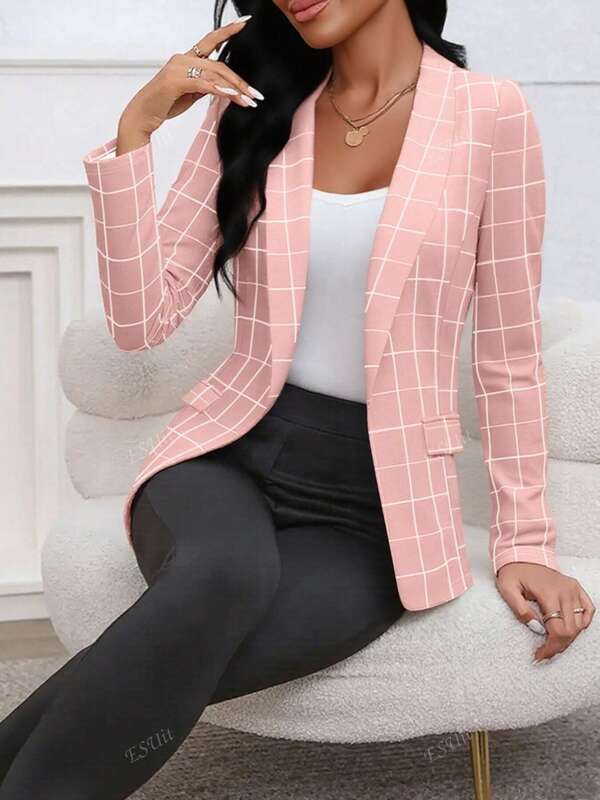 1 pieza Chaqueta de blazer con falso bolsillo de tejido de punto a cuadros fina para mujer, adecuada para primavera/otoño