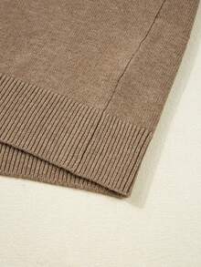 Acelitt 女士驼色纽扣泡泡袖极简圆领针织衫，秋季 - 卡其色 - 查看 9