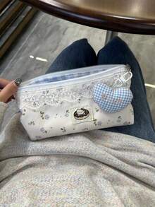 Sanrio 1 Blue Lace Cute Hello Kitty Cat Pencil Case (Without The Heart Keychain Pendant). Large Capacity Pencil Case. Portable Design Pencil Case Ins Female Cosmetic Bag. Student Stationery. Student Pencil Case. Back-To-School Season Gift - Multicolor - View 2