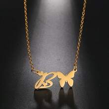 1 件时尚不锈钢 26 字母蝴蝶吊坠项链，适合女性日常佩戴 - 金黃色 - 查看 4