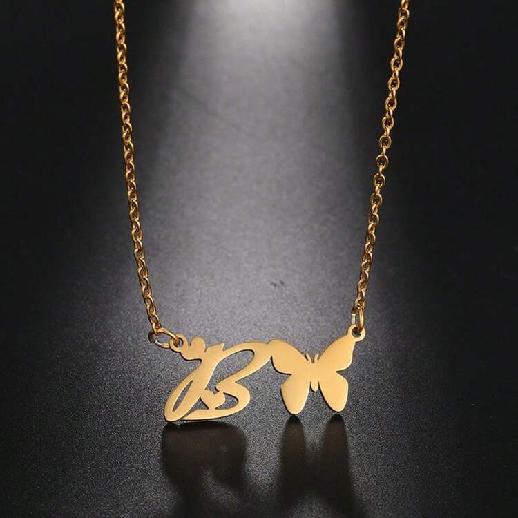 1 件时尚不锈钢 26 字母蝴蝶吊坠项链，适合女性日常佩戴 - 金黃色 - 查看 3