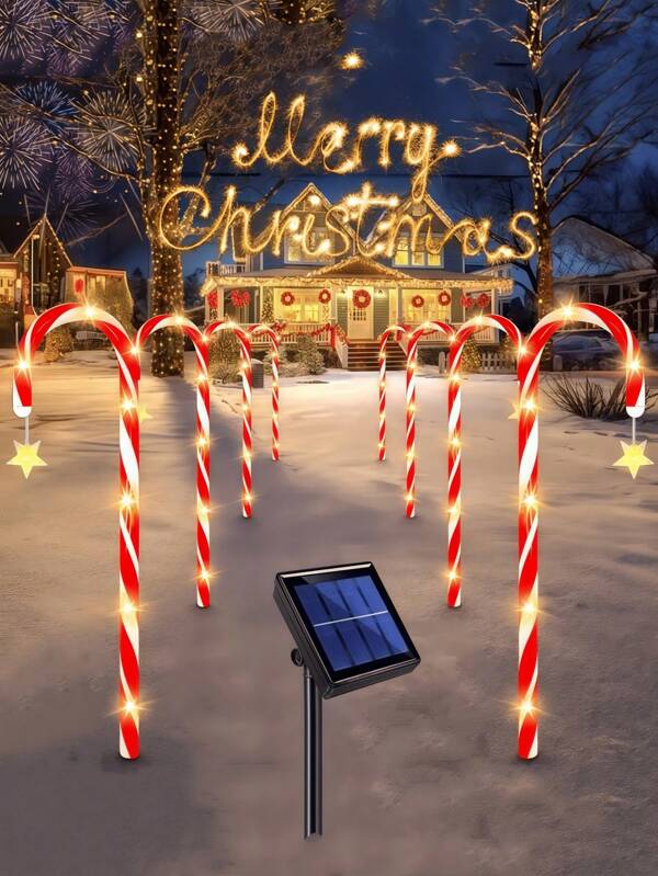 1 pieza Luz solar de bastón de caramelo navideño, con decoraciones de estrella, una luz LED de bastón de caramelo navideño solar y a prueba de agua con 8 modos de iluminación, adecuada para decoración de árbol de Navidad, escena navideña, entrada, pasillo, terraza, valla, acera, escalones, decoración de fiesta navideña, decoración de Halloween, decoración del hogar, decoración de fiesta, decoración de jardín de Halloween como regalo